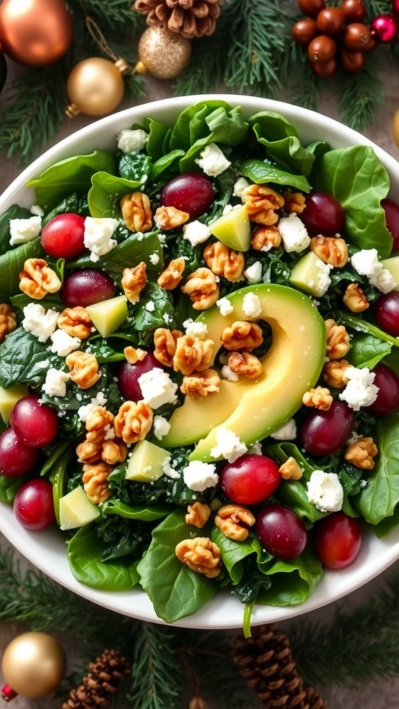 A festive green salad with spinach, kale, avocado, grapes, and feta cheese, decorated for Christmas.